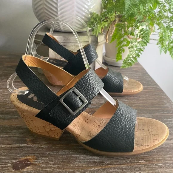 Kork-Ease Korks Laurelin Black Pebbled Leather Cork Block Heel Sandals Women 8 M - Picture 3 of 11